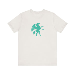 white t-shirt with turquoise Pegasus graphic, cool graphic t shirts design, unisex casual tee