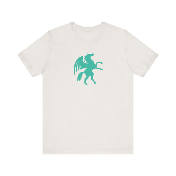 white t-shirt with turquoise Pegasus graphic, cool graphic t shirts design, unisex casual tee