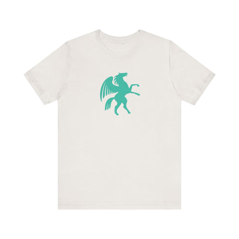 white t-shirt with turquoise Pegasus graphic, cool graphic t shirts design, unisex casual tee