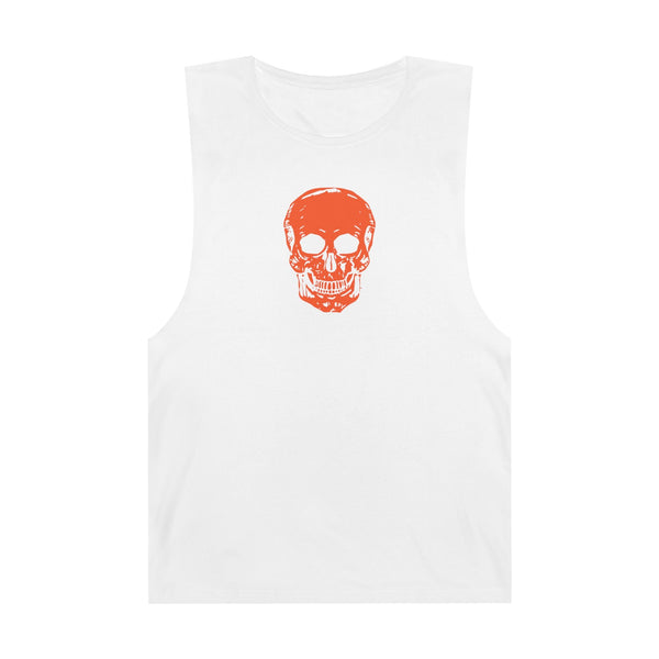White sleeveless tank top with bold orange skull graphic in grunge inspired streetwear style