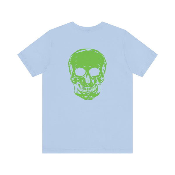 Green Jumbo Skull Back Print with Green Mini Skull Left Front Graphic Tee - Fugitive by Sandra Oles