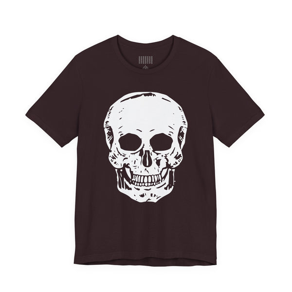 Black t-shirt with a skull graphic on the front in bold streetwear style