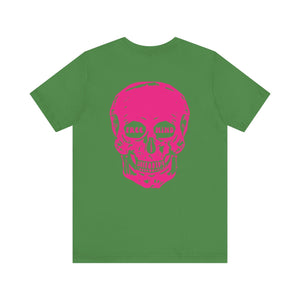 Green t-shirt with large neon pink skull graphic and "Free Mind" text on back