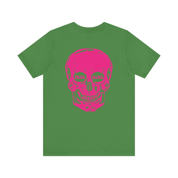 Green t-shirt with large neon pink skull graphic and "Free Mind" text on back