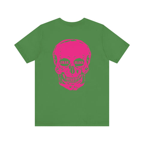 Green t-shirt with large neon pink skull graphic and "Free Mind" text on back