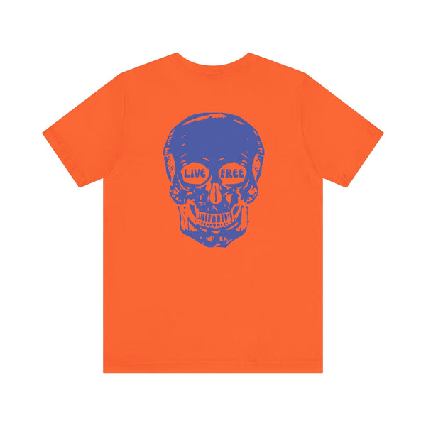 Orange streetwear t-shirt with jumbo blue skull back print featuring "Live Free" text in the eyes