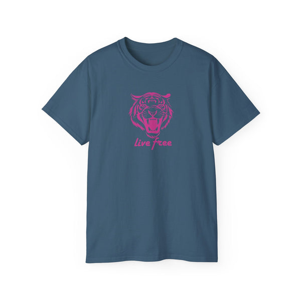 Blue statement tee with pink roaring tiger head graphic and live free slogan