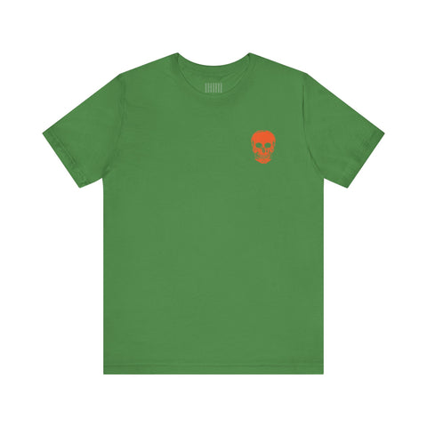 green unisex t-shirt with small orange skull graphic on left chest side