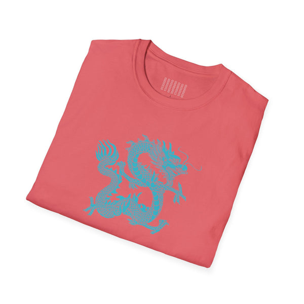 coral dragon t shirt with turquoise mythical dragon graphic design folded neatly