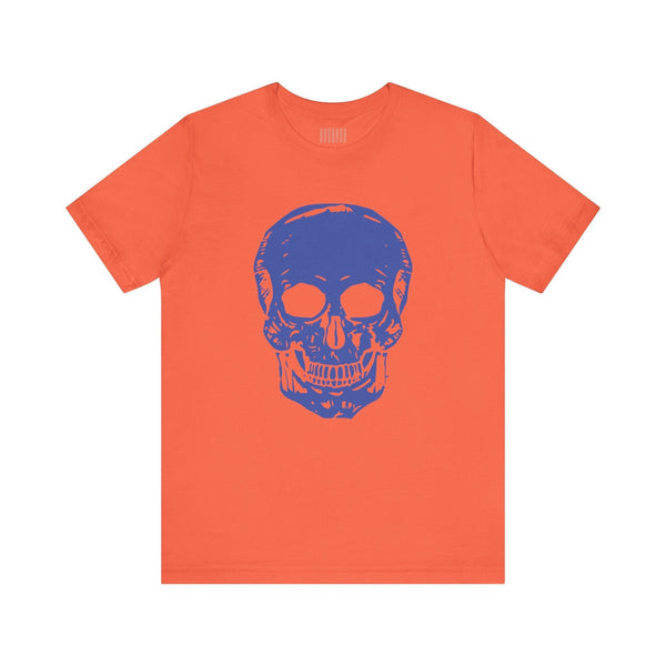 Orange skull tee with a large blue skull graphic on the front for bold streetwear style