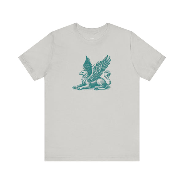 Gray t shirt with a detailed teal gryphon graphic, mythical winged lion-eagle design.