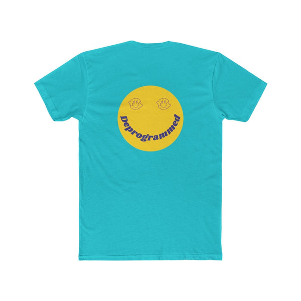 Turquoise 1990’s rave t-shirt with large yellow smiley face and "Deprogrammed" text backprint, streetwear style