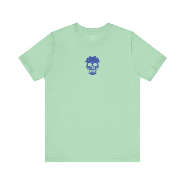 mint green graphic t shirt with small blue skull design centered below collar