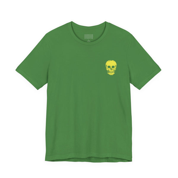 green t-shirt with small yellow skull print on chest, underground style graphic tee