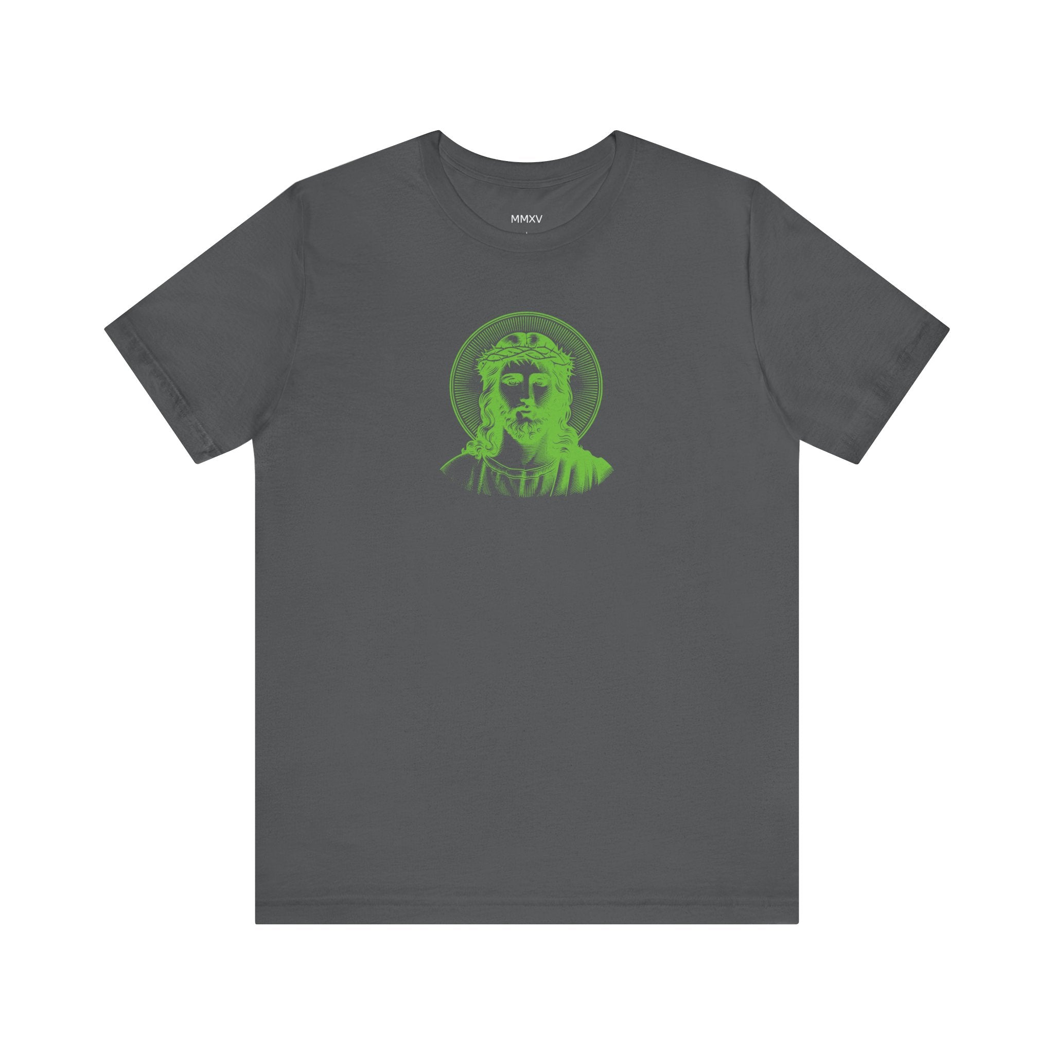 Green Mid-Scale Jesus with Halo Front Print Graphic Tee - Iconic by Sandra Oles