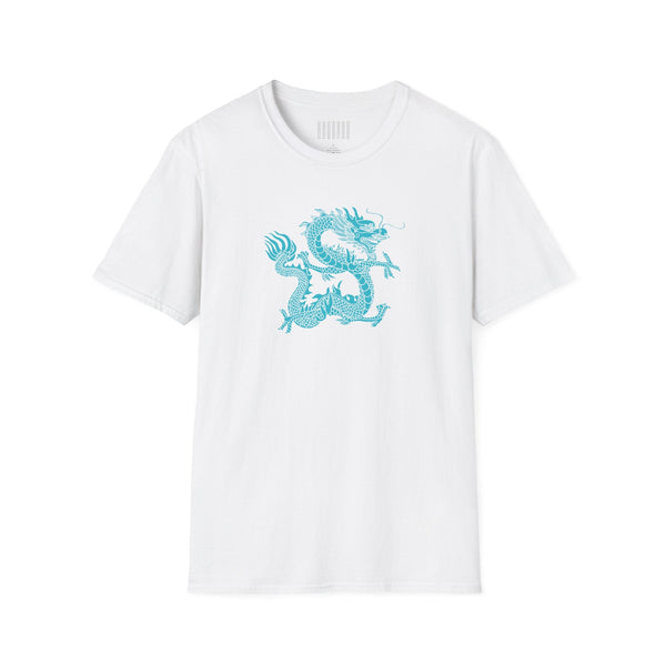 white unisex t-shirt with turquoise dragon graphic print front stylish mythical design dragon t shirt