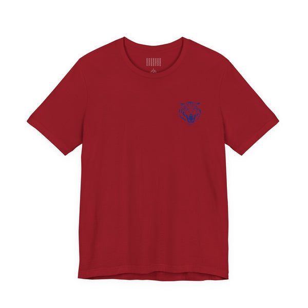 navy blue retro graphic tee with mini roaring tiger head left front print