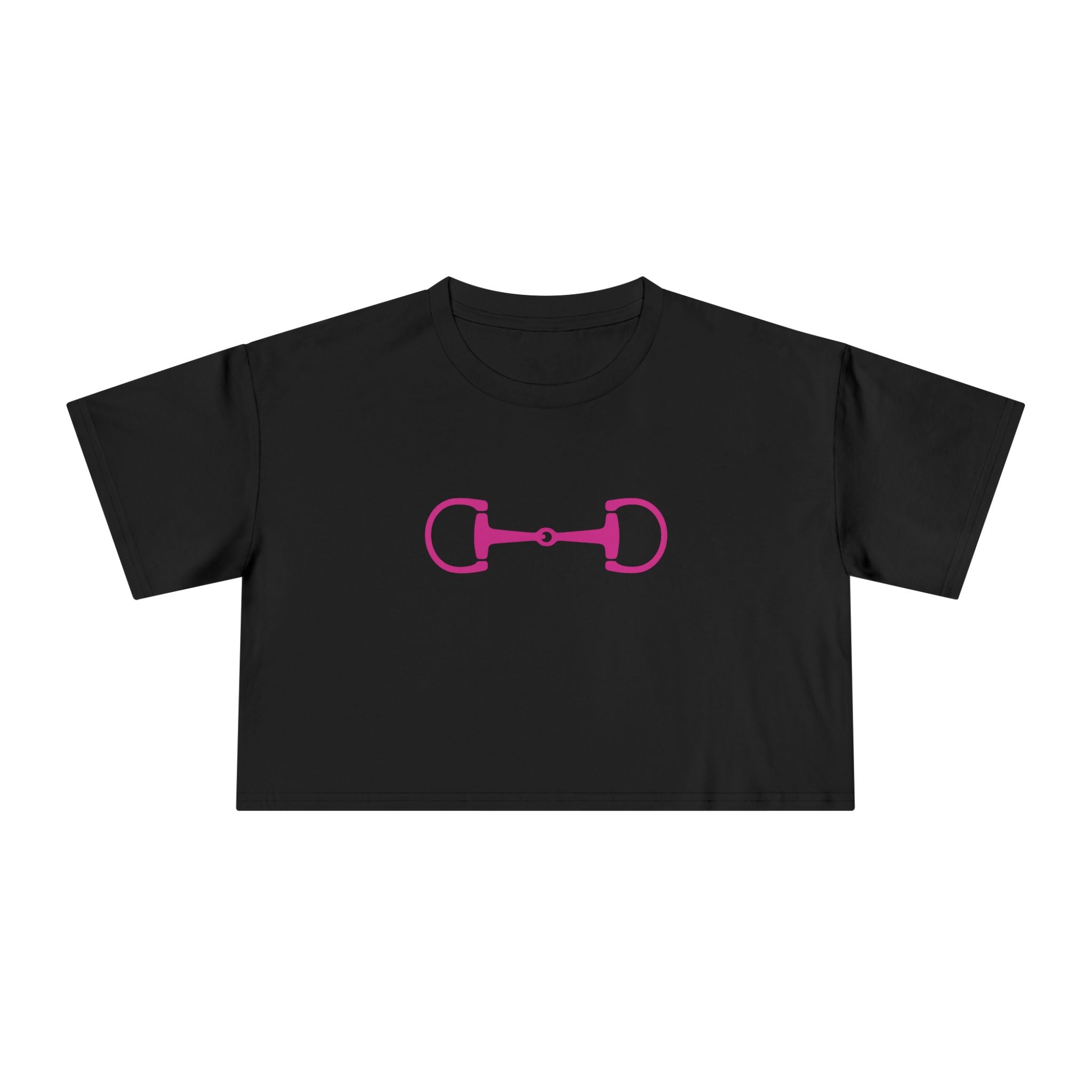 Black cropped tee with pink horsebit graphic, modern equestrian style, soft cotton, boxy fit, casual and trendy design