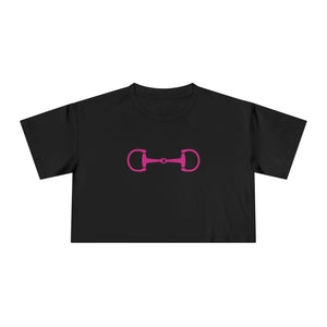 Black cropped tee with pink horsebit graphic, modern equestrian style, soft cotton, boxy fit, casual and trendy design
