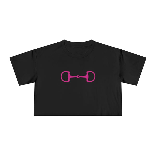 Black cropped tee with pink horsebit graphic, modern equestrian style, soft cotton, boxy fit, casual and trendy design