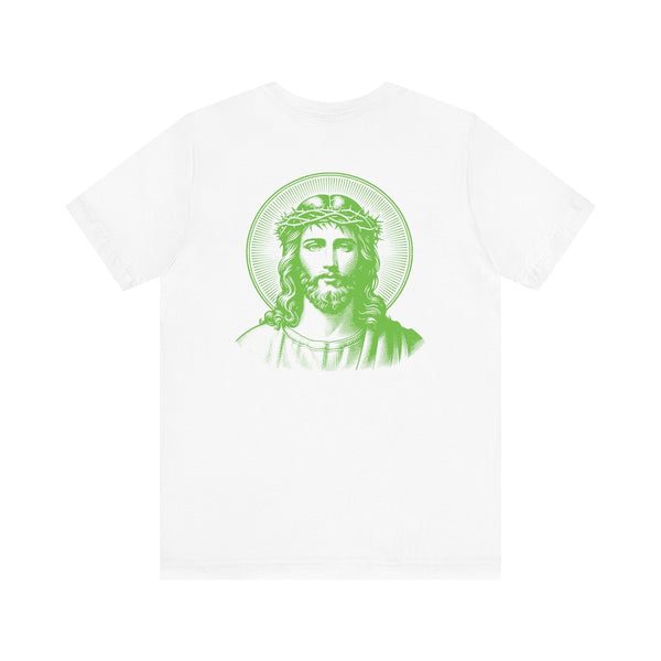 White Jesus graphic tee with oversized green halo Jesus design on back, unisex Christian streetwear