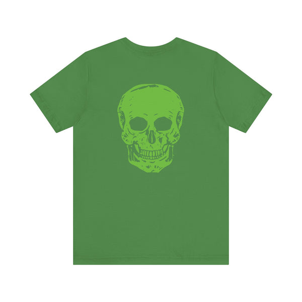 Green Jumbo Skull Back Print with Green Mini Skull Left Front Graphic Tee - Fugitive by Sandra Oles