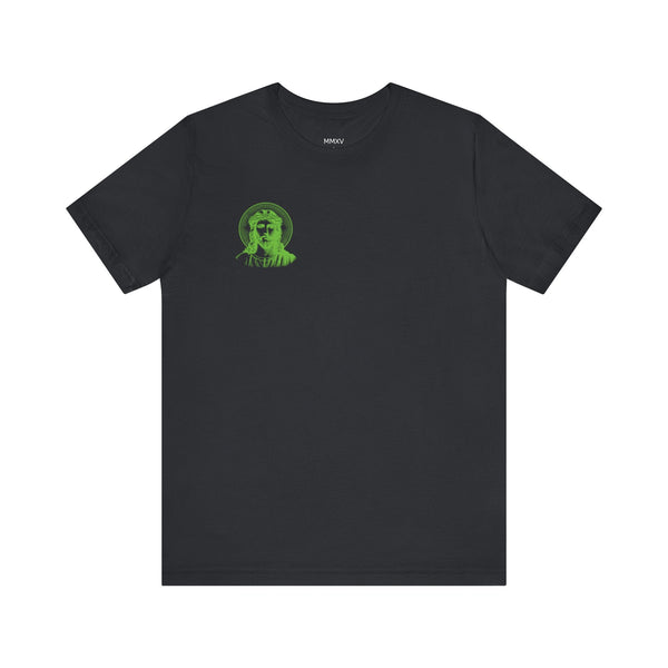 Black Jesus graphic tee with mini green halo Jesus print on front left chest and jumbo green halo Jesus design on back, made of soft cotton streetwear.