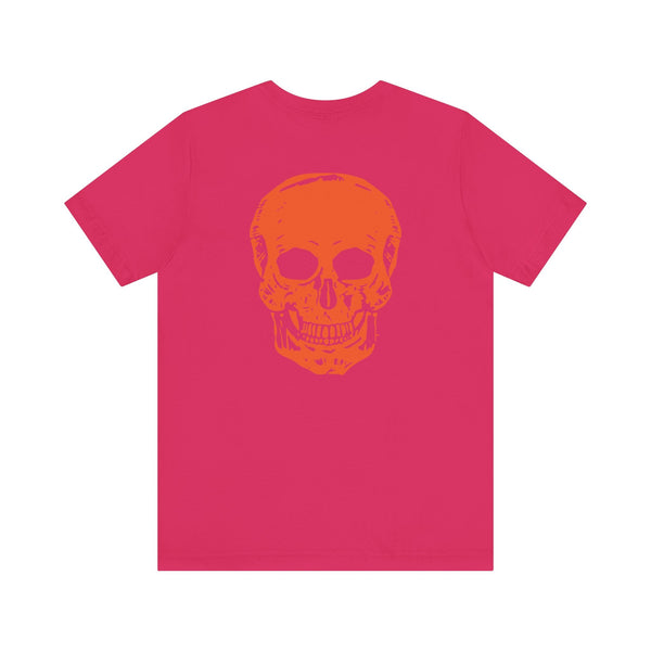 Orange Jumbo Skull Back Print featuring a Mini Orange Skull left Front Graphic Tee