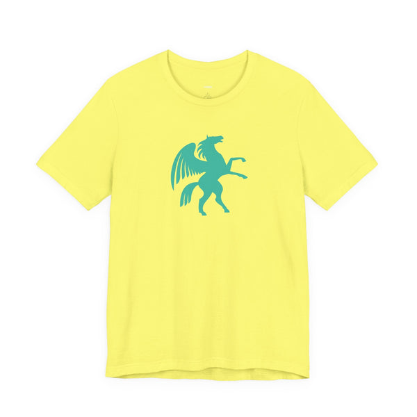 Yellow unisex tee with turquoise Pegasus graphic for cool graphic t shirts collection