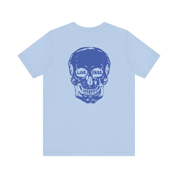 Light blue streetwear t-shirt with large blue skull graphic on the back featuring "Live Free" text in the eye sockets