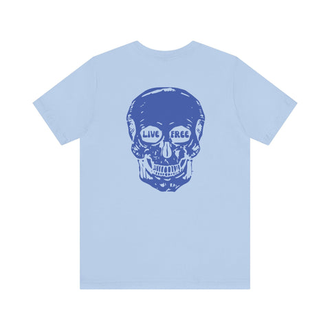 Light blue streetwear t-shirt with large blue skull graphic on the back featuring "Live Free" text in the eye sockets