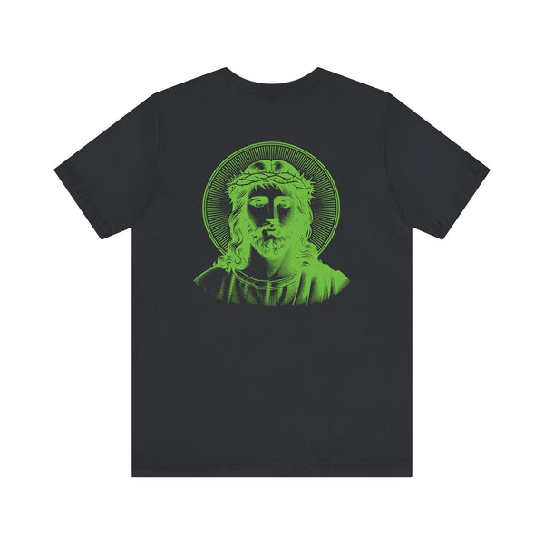 Black t-shirt featuring a large green halo Jesus graphic print on the back.