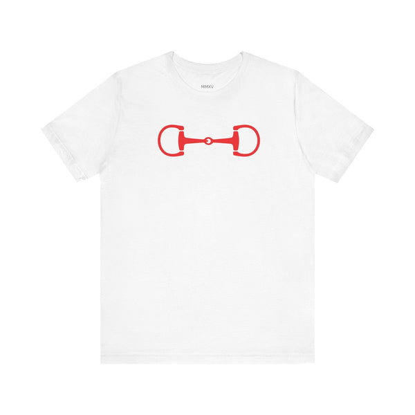 White t-shirt with a bold red horsebit graphic, equestrian-themed, soft cotton fabric, casual and versatile design.