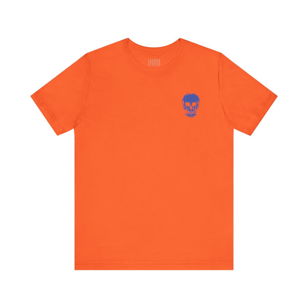 Orange unisex rocker tee with blue mini skull front left graphic print by Sandra Oles