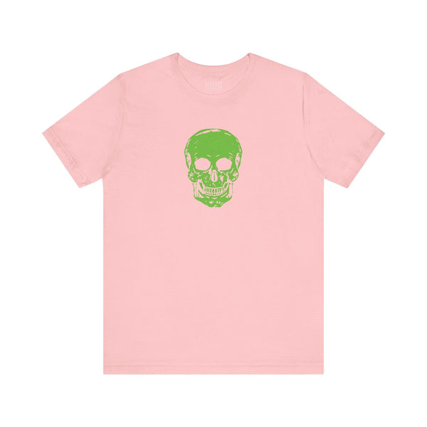 Pink t-shirt with bold green skull graphic on front, made of soft cotton, streetwear style