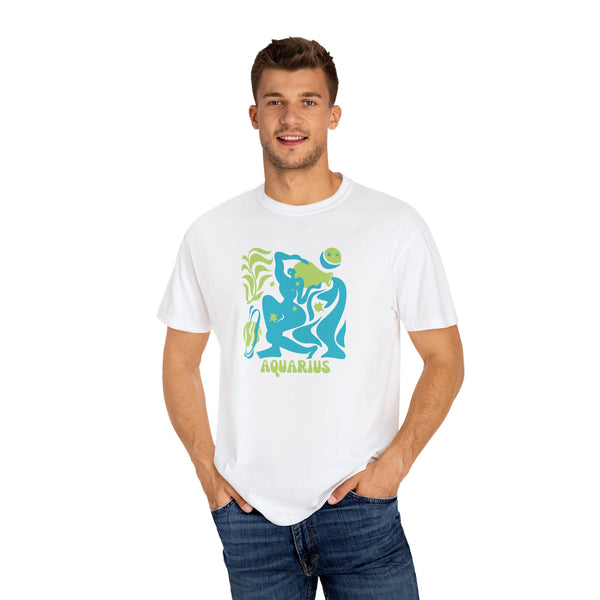 Male model wearing a white Aquarius zodiac graphic tee with vibrant aqua blue and neon green celestial water-bearer design