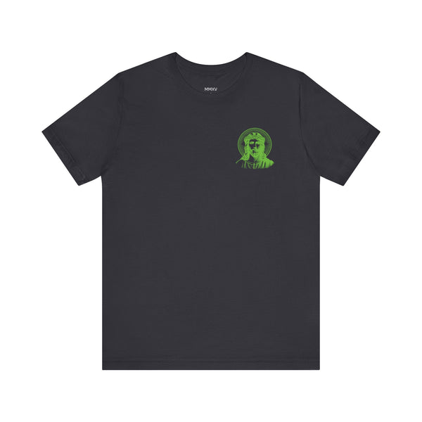 Black graphic tee with small green Jesus print and halo on left chest, unisex streetwear style
