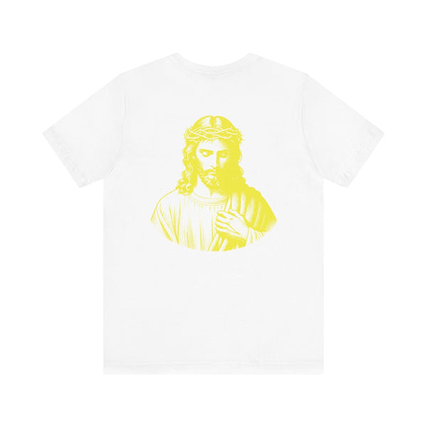White Christian streetwear tee with a jumbo yellow Jesus graphic on the back and a mini yellow Jesus print on the front chest.