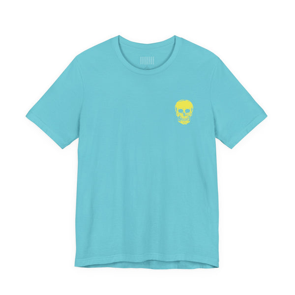 Light blue underground style t-shirt with mini yellow skull chest print and jumbo back graphic design