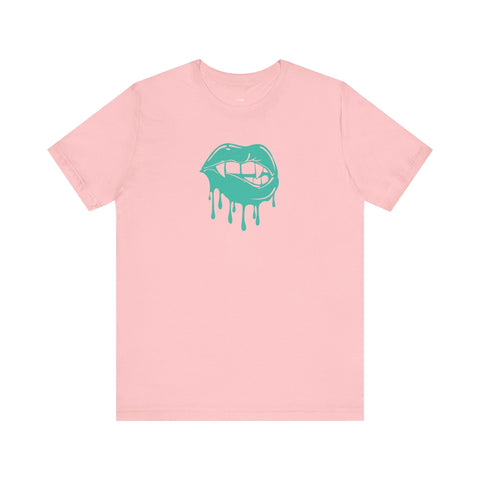Pink unisex t-shirt featuring a teal vampire lips graphic with dripping effect on the front.