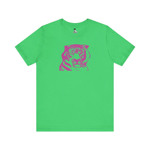 70s style retro green tee with pink tiger graphic front and vintage vintage vibe