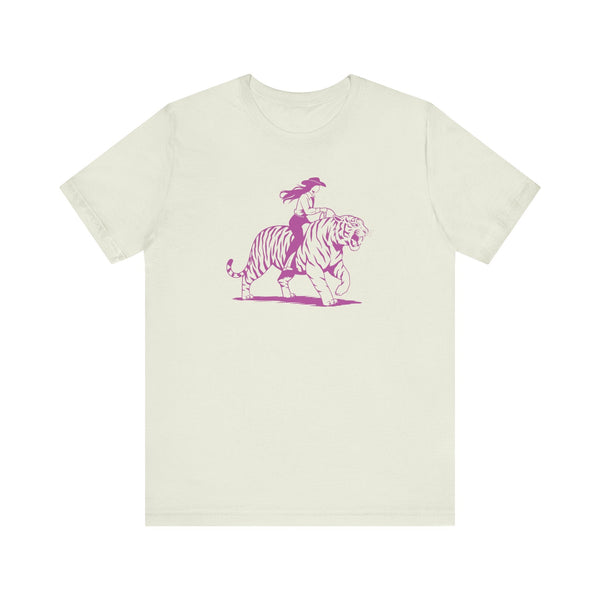 Cowgirl riding tiger graphic tee in neon magenta on white unisex cotton shirt
