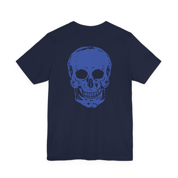 Navy blue graphic tee with large blue skull design on the back and a mini skull print on the front, made from soft cotton.