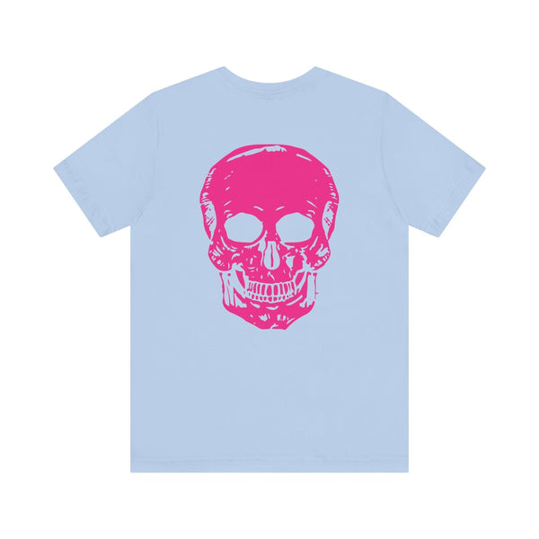 Light blue punk rock t-shirt with a bold pink skull graphic on the back.