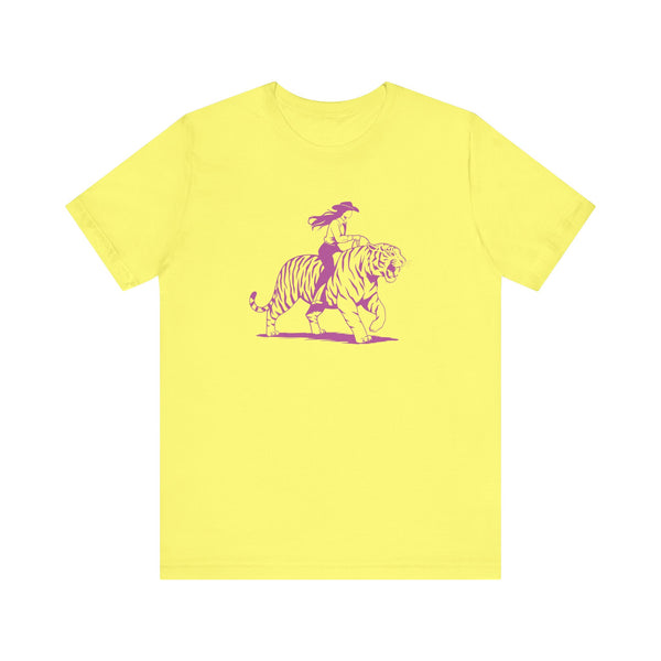 Cowgirl Riding Tiger Front Print Graphic Tee - Retro Style with Humor