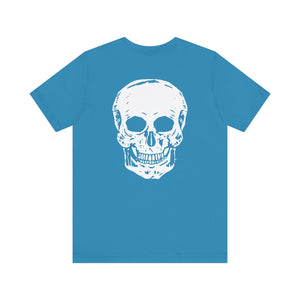 Blue skull graphic tee with large white skull design on the back