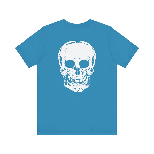 Blue skull graphic tee with large white skull design on the back