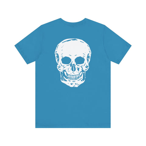 Blue skull graphic tee with large white skull design on the back
