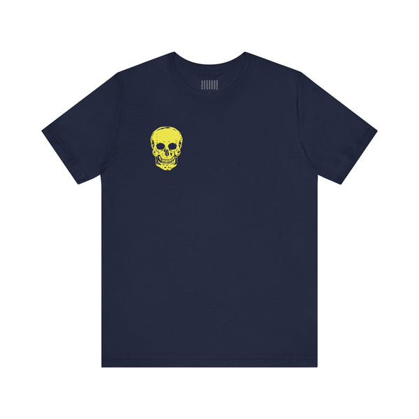 Navy streetwear tee shirt with yellow mini skull graphic on left chest