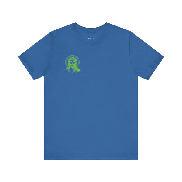 Blue Jesus graphic tee with a small green halo Jesus print on the front left chest